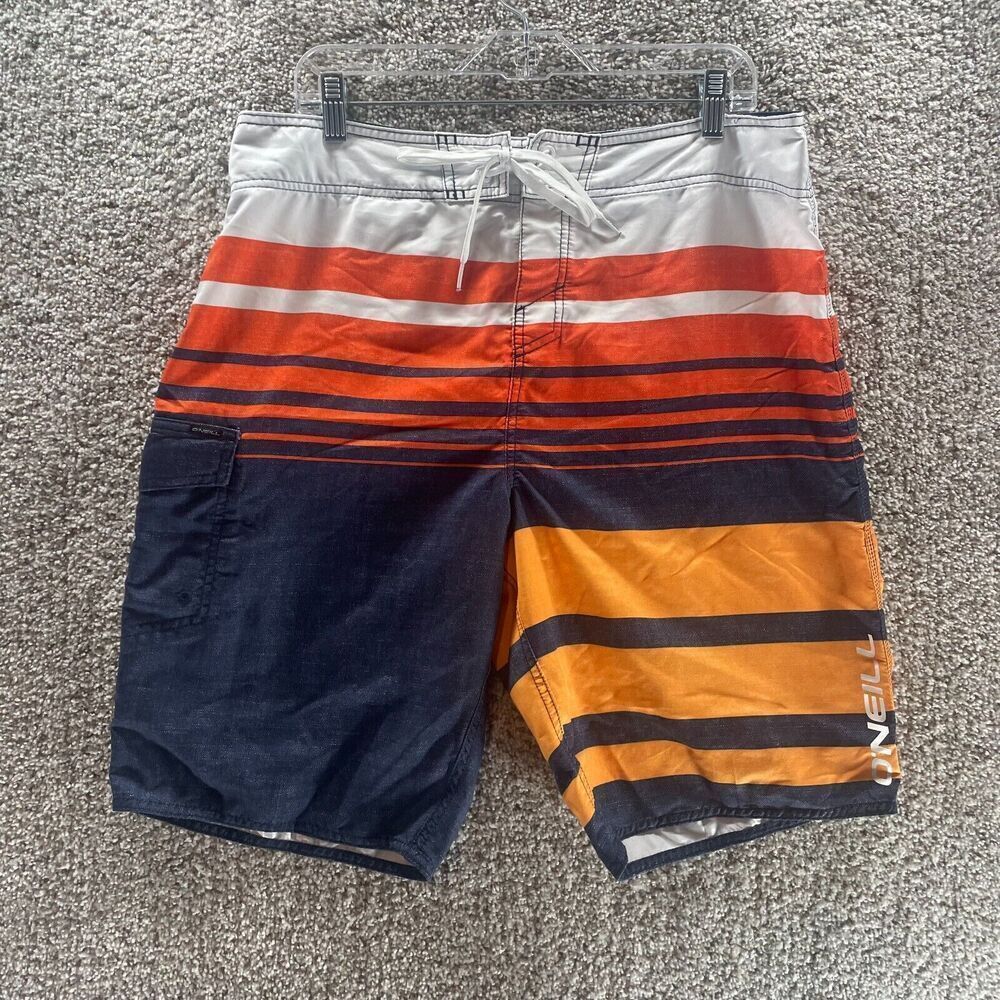 O'Neill Board Shorts Mens 36 Orange Blue Swimwear Tie Front Cargo Pocket Beach